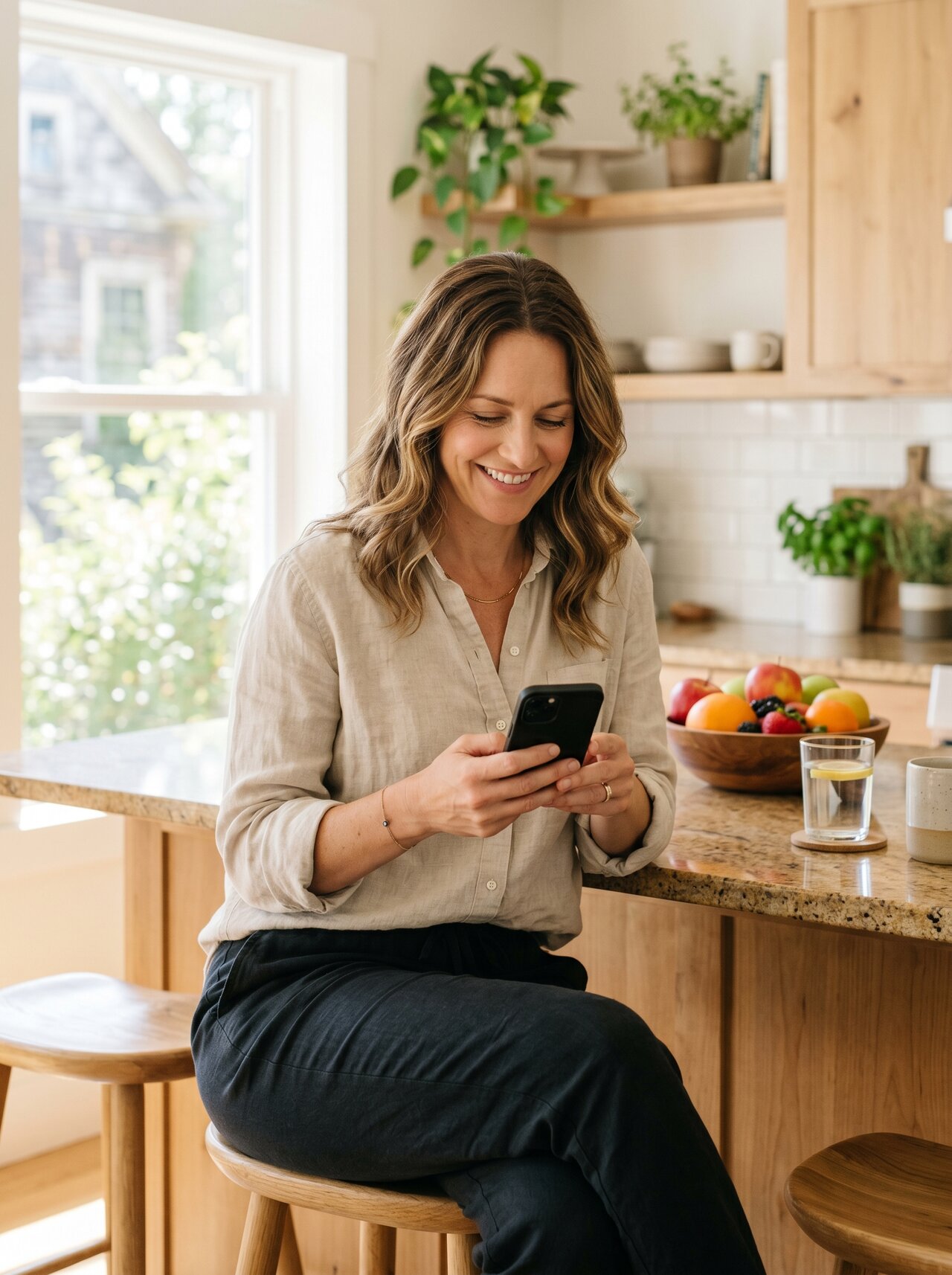 Woman checking GLP-1 medication pricing on her phone in a bright kitchen